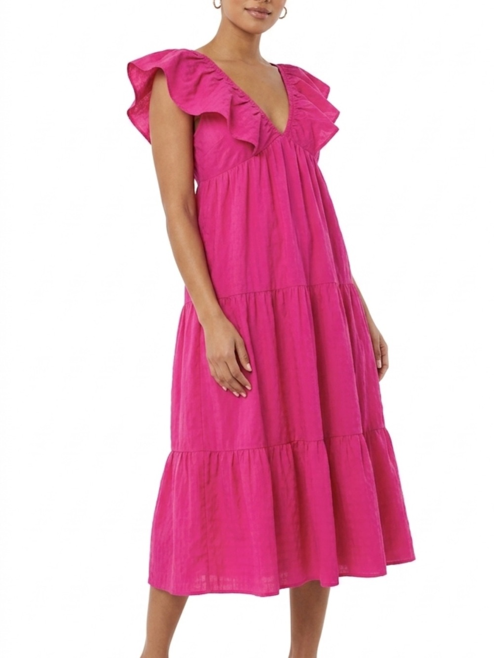 Beyond Words size Large Women’s Ruffle V-Neck Midi Dress in Fuchsia